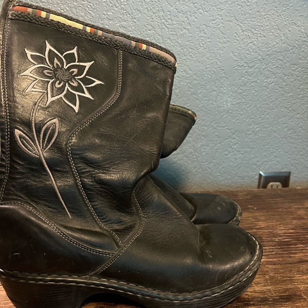 Floral Embroidered Black Leather Boots